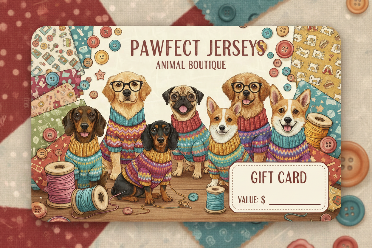 create a giftcard for Sewalicious with lots of dogs with jerseys on it