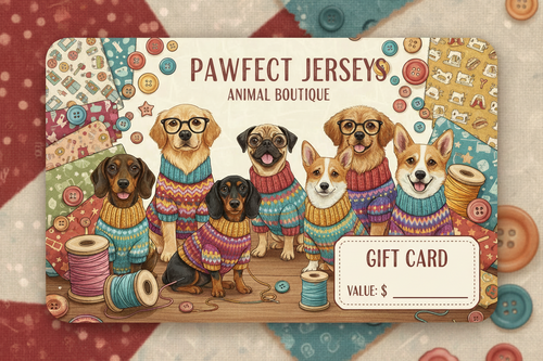 create a giftcard for Sewalicious with lots of dogs with jerseys on it
